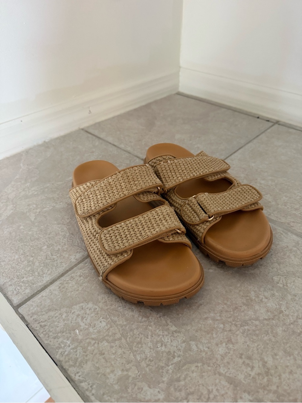 Kids Tan Woven Double-Strap Slide Sandals